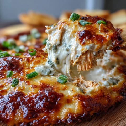 Creamy cottage cheese buffalo chicken dip with shredded chicken, spicy sauce, and melty cheeses in a baking dish.