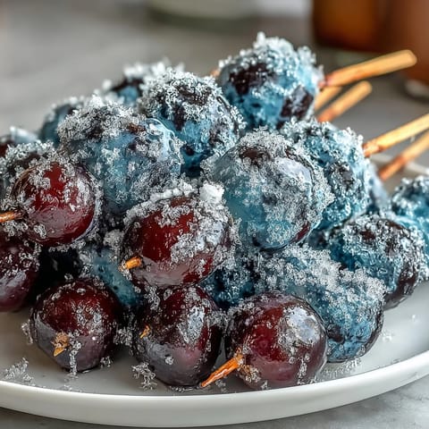 Vibrant frozen grape skewers coated in zesty lime sugar, a refreshing summer treat perfect for parties.  