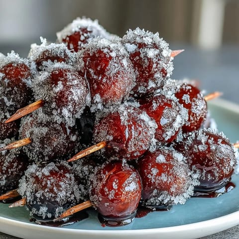 Sweet and tangy frozen grapes on skewers, dusted with lime sugar for a cool, citrusy snack.  