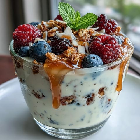 Vibrant Mothers Day brunch yogurt parfait bar with fresh berries, crunchy granola, and colorful toppings, perfect for a healthy family celebration.
