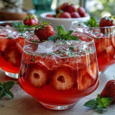 Pink lemonade party punch with citrus and berry flavors in a clear glass pitcher, garnished with lemon slices and strawberries.