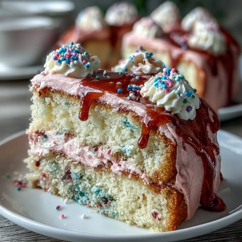 Vibrant Spring Funfetti Cake topped with swirls of pastel buttercream and rainbow sprinkles.