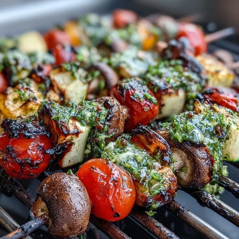 Grilled Summer Veggie Skewers with Chimichurri, colorful and charred, drizzled with fresh herb sauce for a vibrant side.  