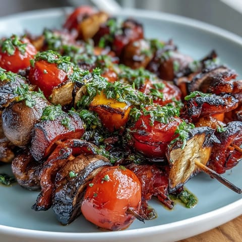 Vibrant grilled vegetable skewers with chimichurri, perfect for summer cookouts or vegetarian main dishes.  