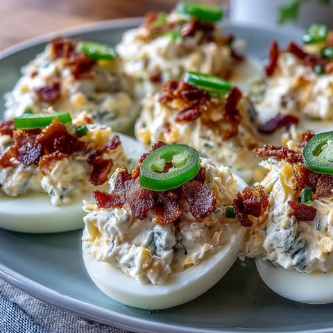 Spicy jalapeño popper deviled eggs with cream cheese, crispy bacon, and fresh jalapeño slices on a white platter.