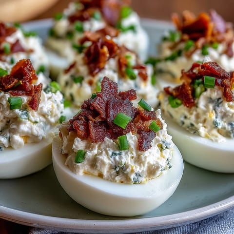 Creamy jalapeño popper deviled eggs filled with tangy cream cheese, smoky bacon, and diced jalapeños, perfect for parties.