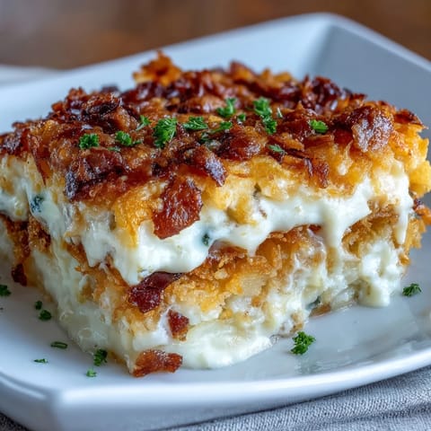 Golden, bubbling cheesy hash brown casserole with a crispy cornflake topping and melted cheddar.  