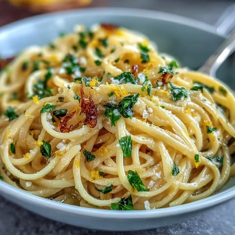 Creamy lemon butter pasta with silky sauce, fresh garlic, and Parmesan in a cozy bowl, garnished with parsley.