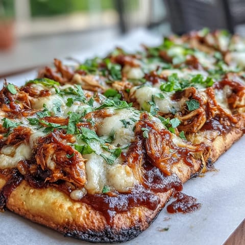 Close-up of cheesy BBQ chicken flatbread pizza, garnished with red onion, bell pepper, and fresh cilantro.  