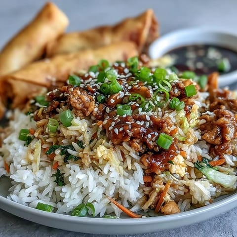 Crispy Chicken Fried Rice with Egg Roll Flavors served steaming hot with a drizzle of sriracha.