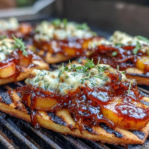 Grilled flatbread topped with sweet peaches, melted Brie, and smoky BBQ sauce for a summery appetizer.