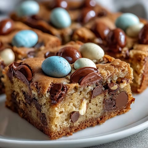 Peanut Butter Easter Egg Cookie Bars with colorful candy eggs and chocolate chips, baked until soft and chewy, perfect for spring gatherings.