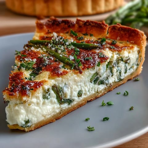 Elegant savory tart featuring tender asparagus spears, rich ricotta cheese, and golden flaky crust, ideal for entertaining.  