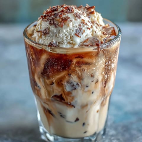 A creamy coconut cold brew float with vanilla bean ice cream, garnished with toasted coconut flakes.
