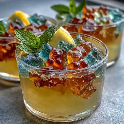 Delightful Gummy Bear Lemonade Jelly Cups with colorful gummy bears suspended in zesty lemon gelatin for a fun summer dessert.