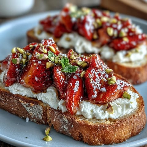 A golden slice of sourdough topped with creamy ricotta, fresh strawberries, drizzled honey, and crunchy pistachios for a vibrant breakfast treat.