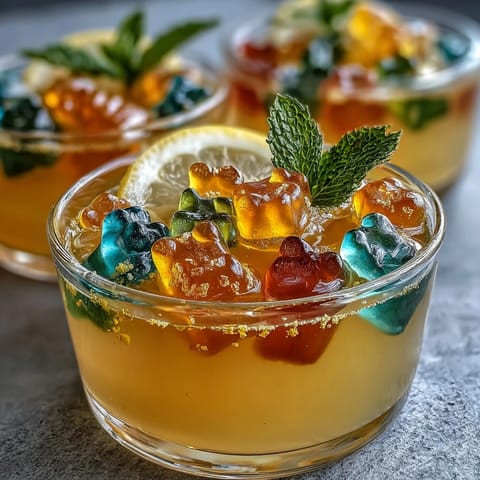 Gummy Bear Lemonade Jelly Cups with gummy bears in refreshing lemonade gelatin, garnished with mint and lemon slices.