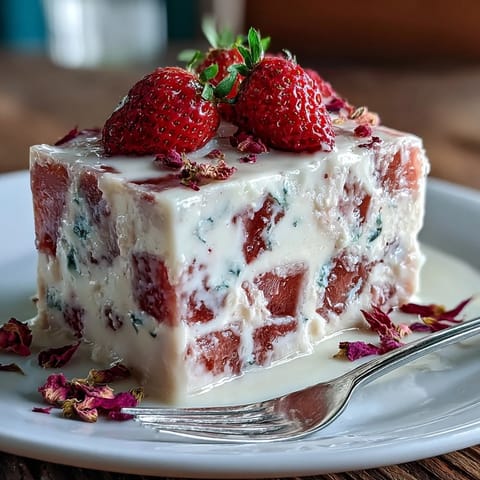 Vibrant strawberry and rose gelatin cubes set in a creamy vanilla base, making a fragrant mosaic dessert perfect for summer gatherings.