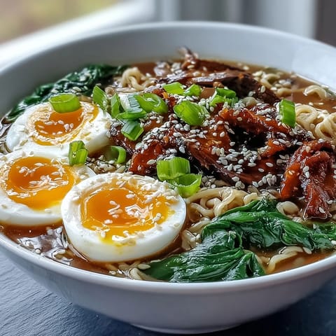 A steaming bowl of homemade miso ramen with tender noodles, mushrooms, and a soft-boiled egg in rich broth.