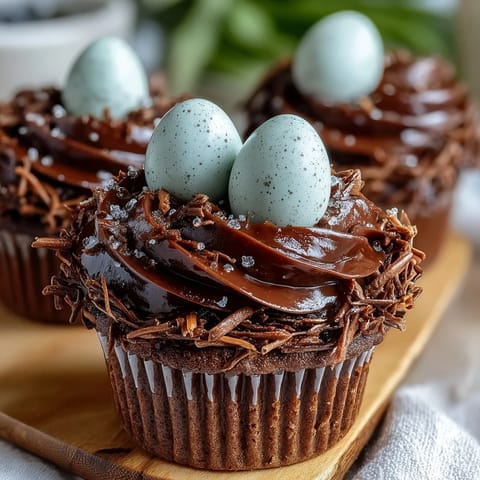 Easter Nest Cupcakes with chocolate buttercream and candy eggs in a bird's nest design.