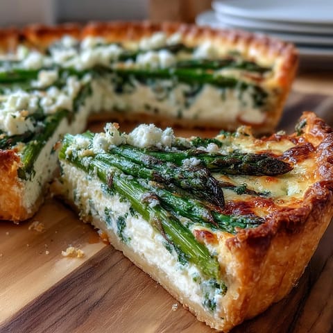 Golden asparagus ricotta tart with crisp puff pastry, creamy filling, and fresh lemon zest, perfect for spring brunch.  