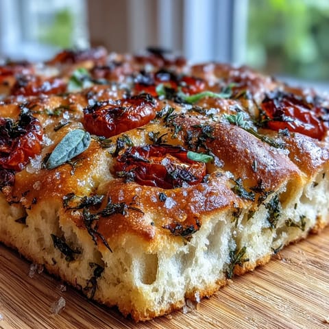 Golden spring herb focaccia with cherry tomatoes, fresh rosemary, thyme, and flaky sea salt on a rustic wooden board.  