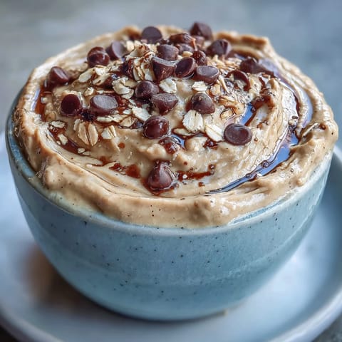 No-bake chickpea cookie dough dip, showing rich texture and chocolate chips.