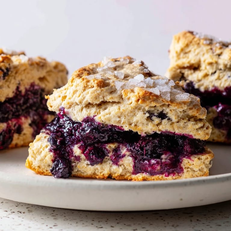 A close-up of fluffy Rustic Birch-Warm Blueberry Scones, showing their delicate, crumbly texture and sugared tops.