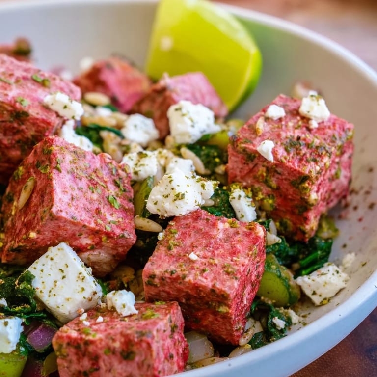 Enjoy a steaming bowl of Smoky Mediterranean Lamb and Orzo Supper, ready for serving with fresh parsley.
