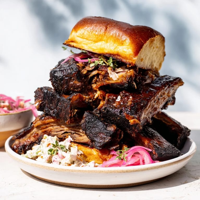 A delicious close-up of fire-kissed BBQ Pulled Pork Sandwiches, bursting with juicy meat and vibrant herbs.