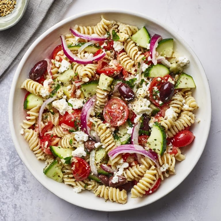 This Mediterranean Olive Oil and Feta Pasta Salad features juicy tomatoes and Kalamata olives, tossed in a bright dressing.
