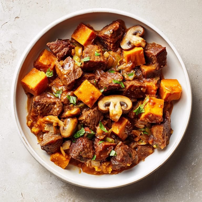 Hearty earthy beef stew with vegetables, perfect with a slice of golden homemade bread.