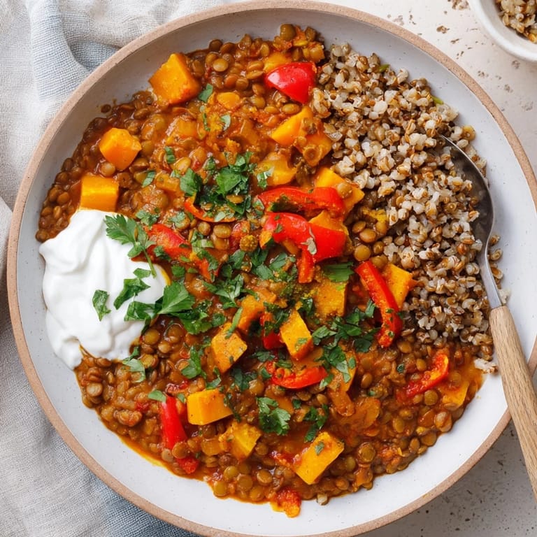 Delicious, spiced Wheat-Warm Hearty Lentil Curry, ready to serve with fresh cilantro and a dollop of yogurt.