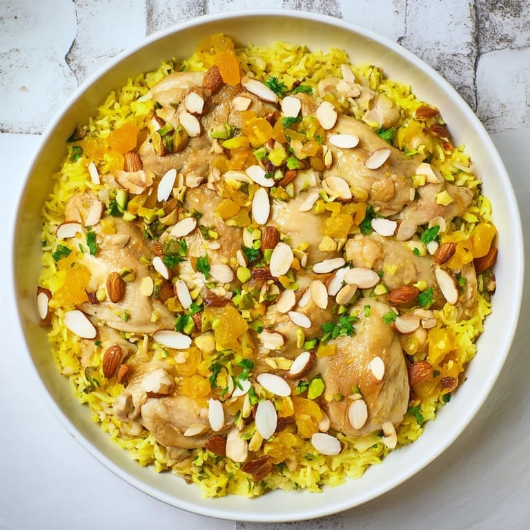 Savory Saffron Chicken and Rice Pilaf, garnished with bright herbs, offers delicious, aromatic flavors.