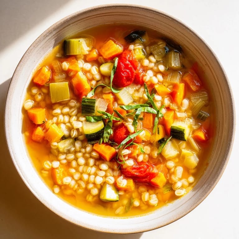 Warm, inviting view of Simple Homemade Grain and Vegetable Soup, ready to be served and enjoyed at home.