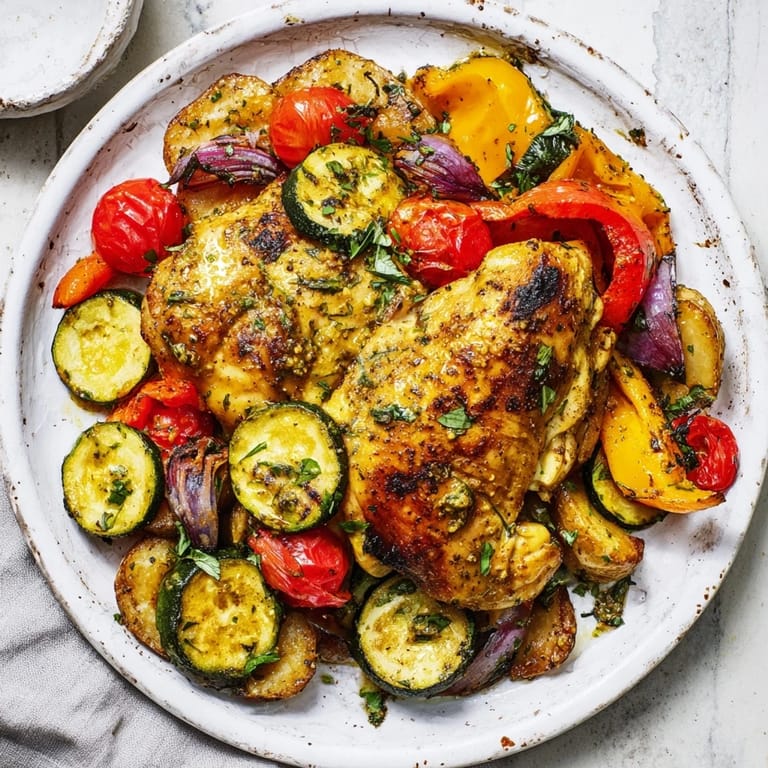 Golden-brown Basil-Soft Chicken and Veggie Sheet Pan Dinner, a one-pan meal with colorful red and yellow bell peppers.