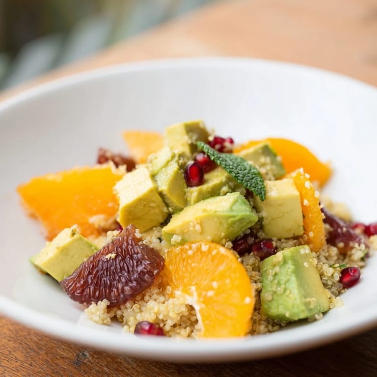 Healthy Fresh Citrus & Avocado Quinoa Bowl ingredients, including fresh herbs, invite a delightful, nutritious meal.