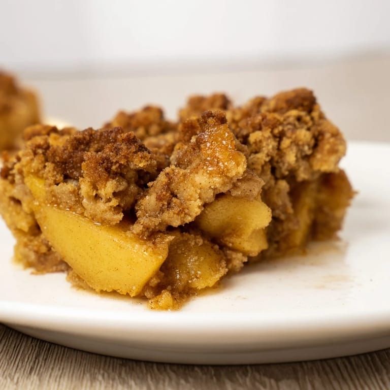 Golden-baked Warm Rustic Apple and Cinnamon Crumble showcasing sweet apples under a buttery, cinnamon-infused crumble.