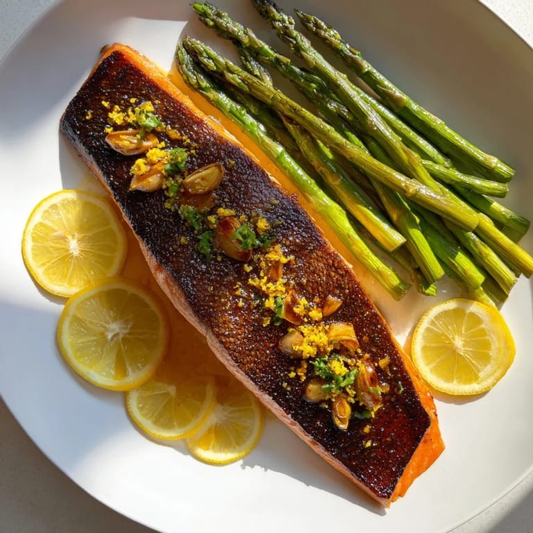 Freshly cooked skillet lemon-butter salmon glistening with a lemon-garlic sauce, ready to serve.
