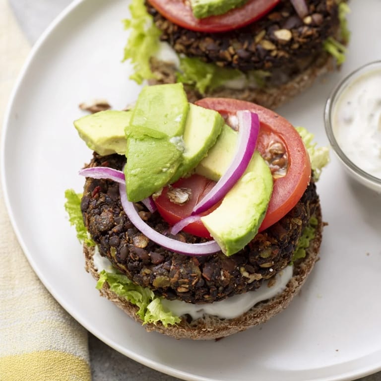 A close-up of a plated Zesty Black Bean Burger, showcasing textures of a fresh, wholesome meal.