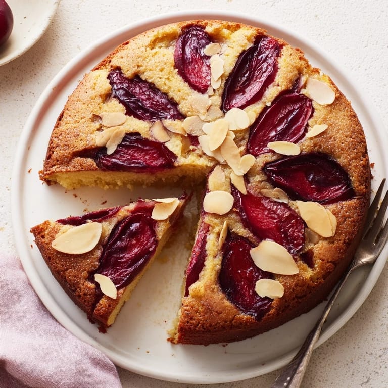 A beautiful cross-section of Soft Sweet Plum-Infused Almond Cake, with tender crumb and plum slices.