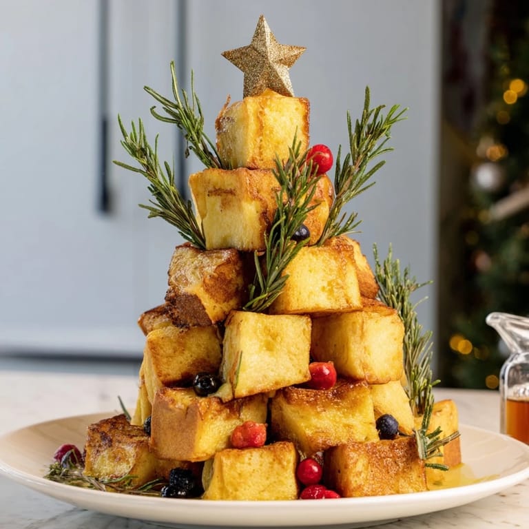 Close-up of fluffy, spiced Eggnog French Toast Bites, artfully arranged and sprinkled with powdered sugar.