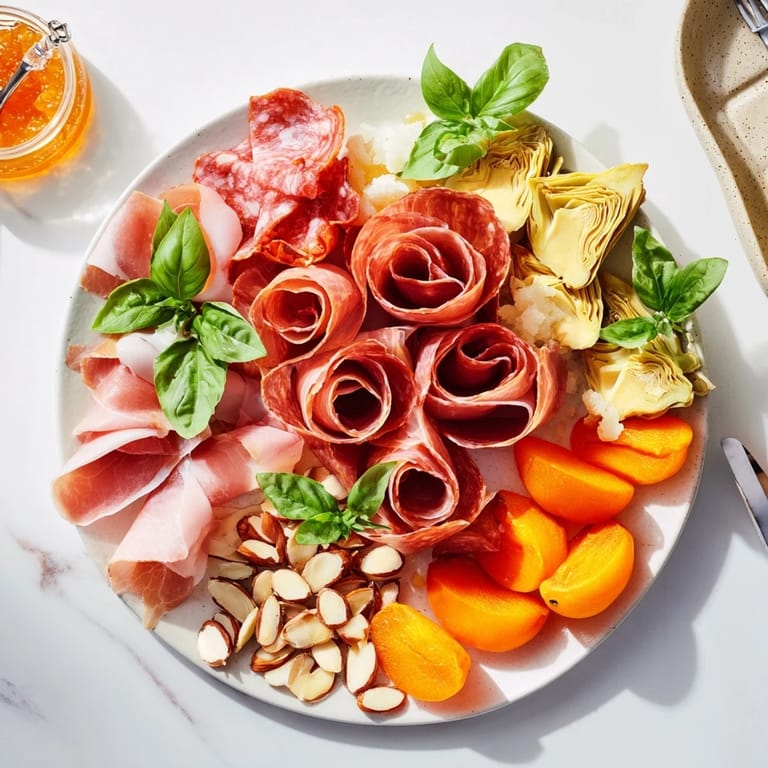 This Prosciutto Rose Bouquet Board offers a vibrant display of fresh fruits and flavorful artisan cheeses.