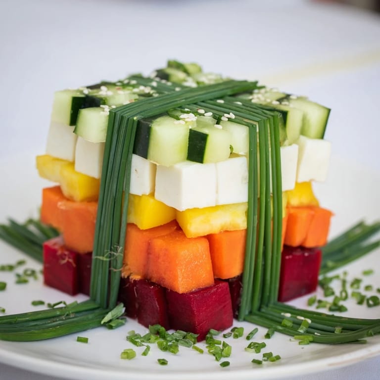 These beautiful Stacked Gift Box Veggie Cubes are garnished and perfect for a vegetarian snack spread.