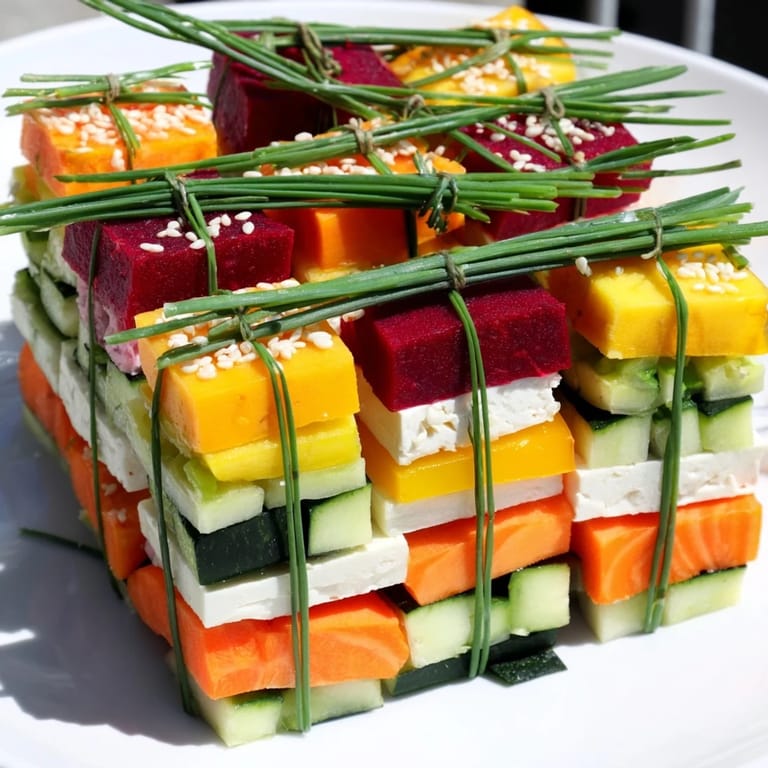 Holiday-themed Stacked Gift Box Veggie Cubes display a rainbow of fresh, healthy ingredients on a platter.
