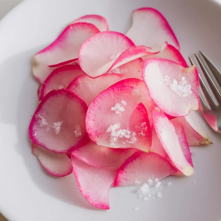 Bright white Radish Slices with Sea Salt, perfectly seasoned and arranged on a plate for serving.