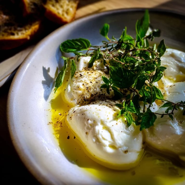 Fresh, seasoned mozzarella pearls glistens; served as a quick appetizer in a small bowl.
