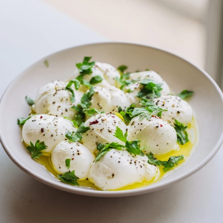 Enjoy the light, flavorful taste of these simple mozzarella pearls, a perfect snack option.