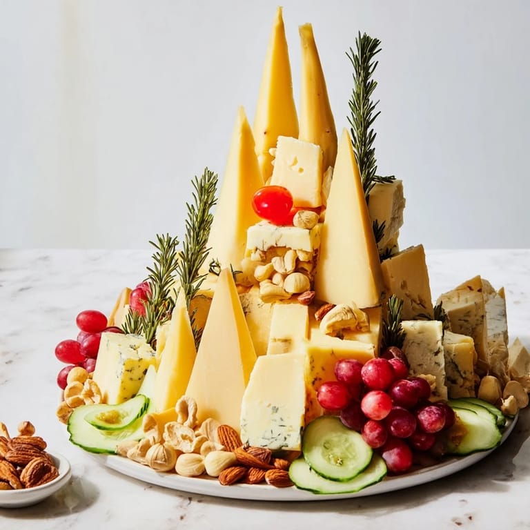 Vibrant Sculptural Cheese Landscape appetizer: hard cheeses stand tall with fresh fruit and savory crackers.