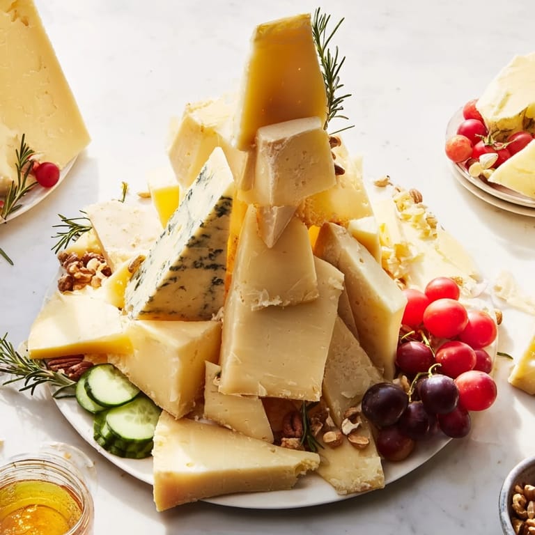 A gorgeous Sculptural Cheese Landscape cheese board, showcasing textures of cheese, nuts, fruit, and honey.